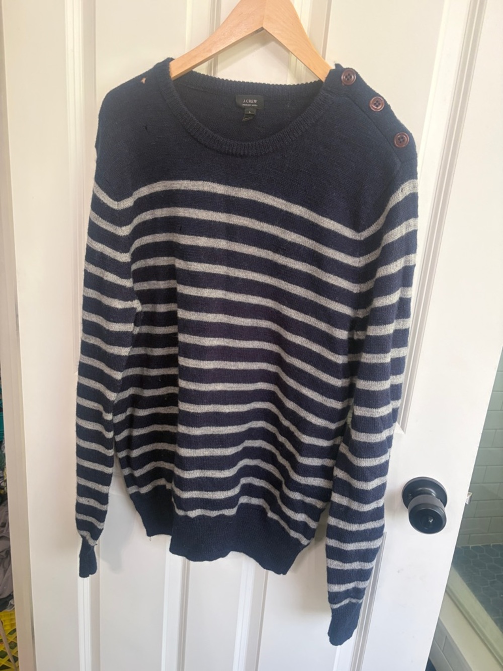 J. Crew womens Navy and White Striped merino wool Button-Shoulder Sweater. - Picture 5 of 13